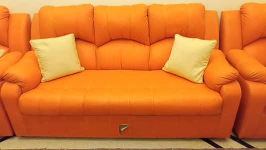 Modern Orange Lather Sofa Set [3+1+1] - Comfortable & Well Maintained
