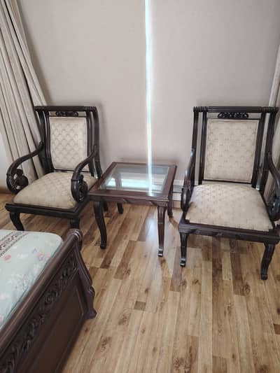 Premium Sheesham Wood 2-Seater Chair Set with Glass Top Side Table