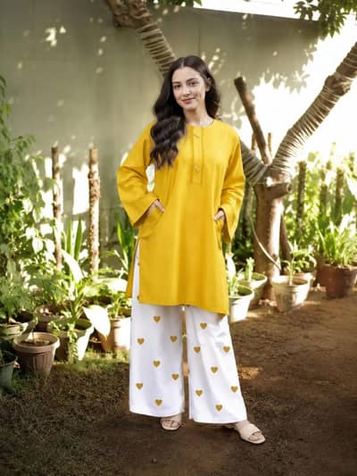 New Brand Stitched 2-Pcs Women's Linen Plain Shirt And Trouser