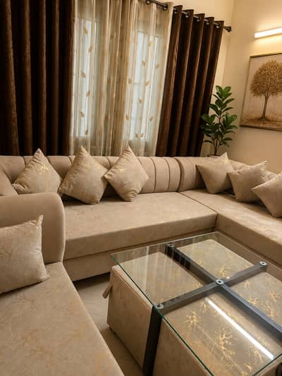 L shape sofa with center table 4 stoles,1 Dewan and 1 single sitter s