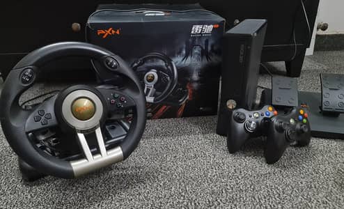XBOX 360 Slim with PXN steering wheel and 2 Controllers