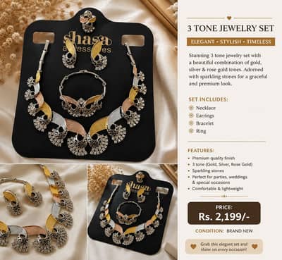 3 Tone Jewellery Set | Necklace, Earrings, Ring & Bracelet | Brand New