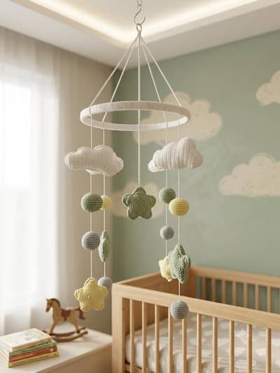Crochet Baby Mobile – Clouds, Stars & Pastel Balls for Nursery