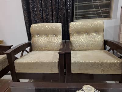 Elegant 5-Seater Sofa Set with Solid Wooden Frame & Golden Fabric