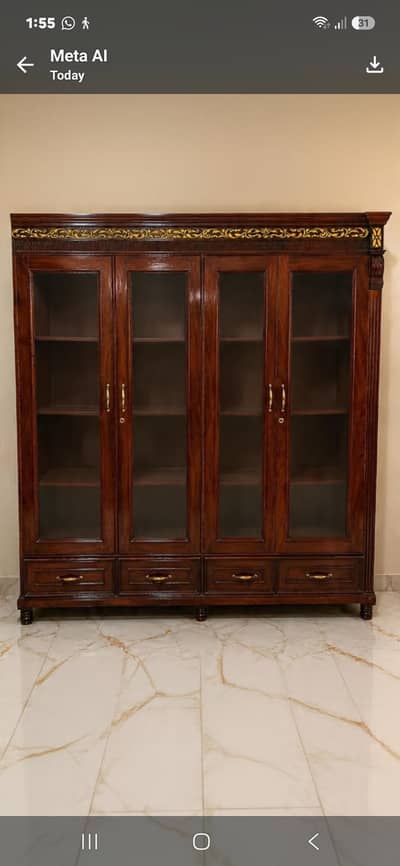Premium Solid Wood 4 Door Crockery Showcase with Glass Doors