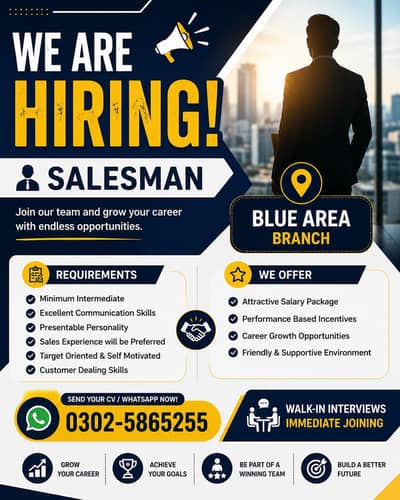 Salesmen Required – Immediate Hiring | Blue Area Islamabad