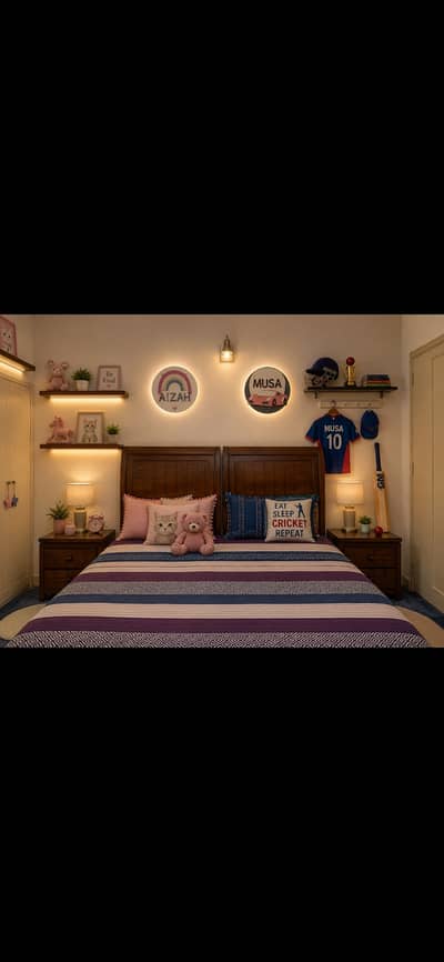 Premium Solid Wood Kids Bedroom Set | 2 Single Beds + Dressing Table