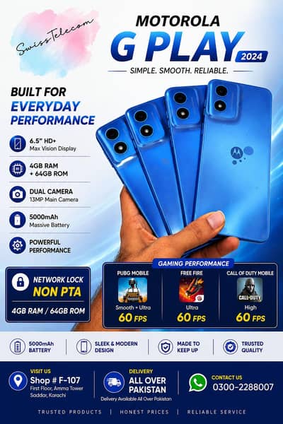 Motorola G Play 2024 4/64 Non PTA Lock pubg 60 fps available