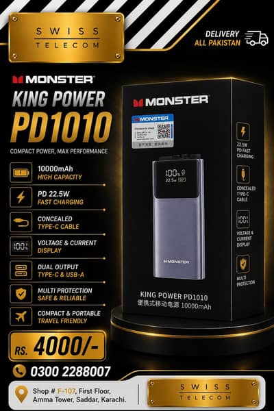 Monster Powerbank 10000 mAh 22.5w Fast charging voltage/Ampere display