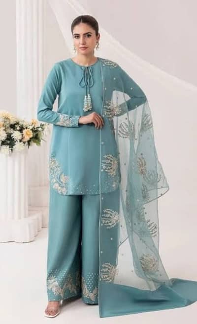 Elegant Blue  3-Piece Marina Embroidered Suit | Rs. 4,000