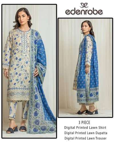 *: 3 Piece Digital Print Lawn Suit Blue Off White