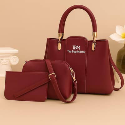 Maroon 3-Piece Rexine Handbag Set for Women