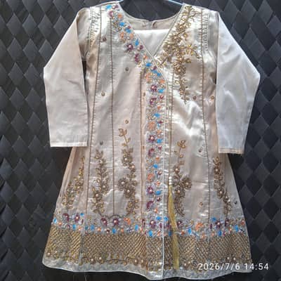 Skin Golden Heavy Embroiderd Angrakha Fruck 3 pice