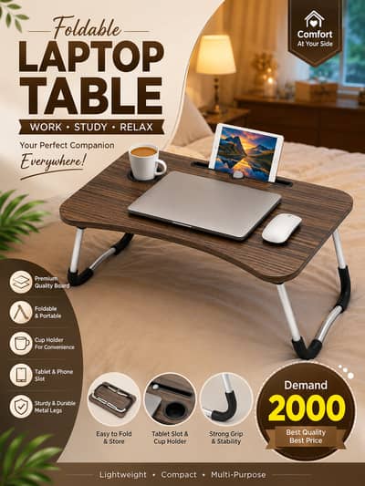 Smart Foldable Laptop Table with Cup & Tablet Holder – Comfort at Home