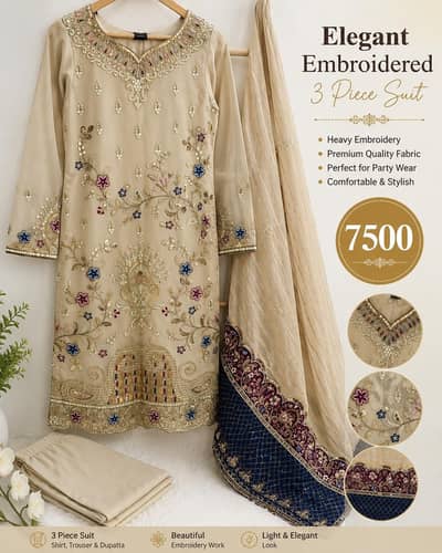 Elegant 3 piece Embroidered suit| Party wear dress| Fancy ladies dress
