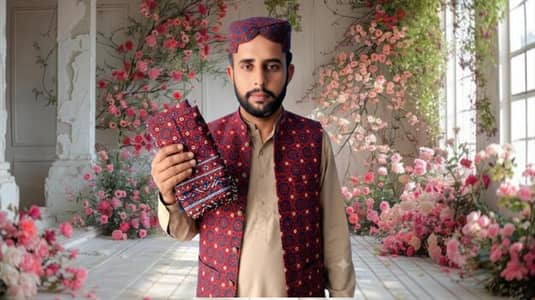 Original Handmade Sindhi Ajrak Topi, Waistcoat & Shawl Set – PKR 5,000