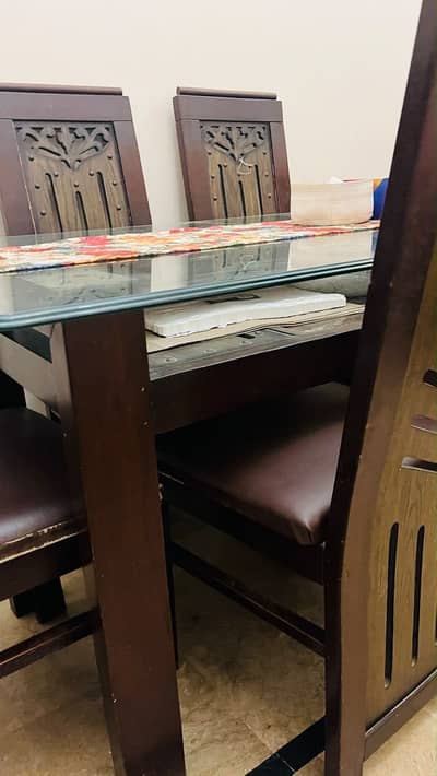 Glass Top Wooden Dining Table Set with 6 Chairs – Premium Condition