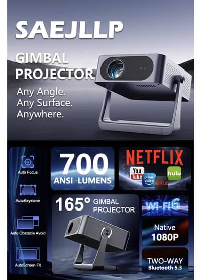 SEAJLLP GIMBLE PROJECTOR with Netflix, Youtube, Prime Video