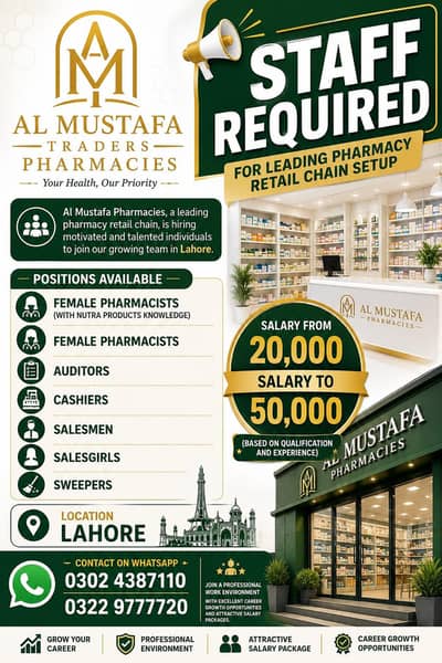 Staff needed for leading pharmacy retail chain setup
