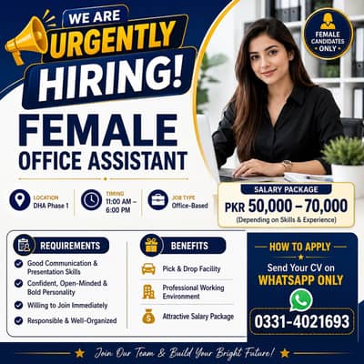 Female Office Assistant Required – DHA Phase 1 | 50k–70k Salary