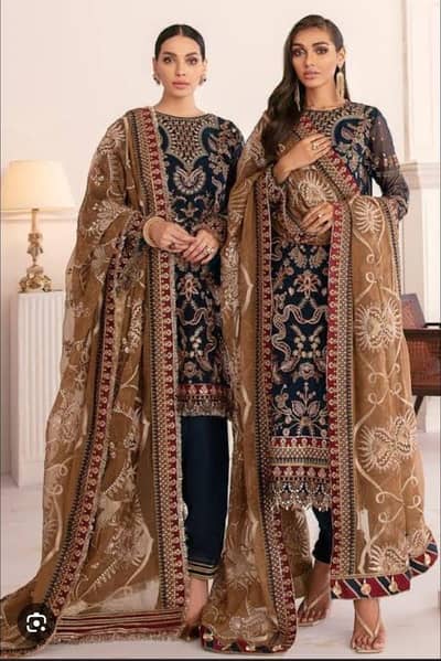 Elegant navy blue embroidered 3 piece stiched dress