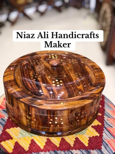 Pure Sheesham Wood Hotpot - Steel & Brass Work