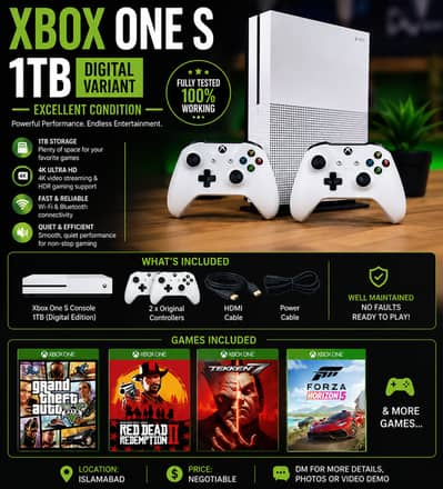 Xbox One S 1TB Digital Edition | 2 Original Controllers | Games Inclu
