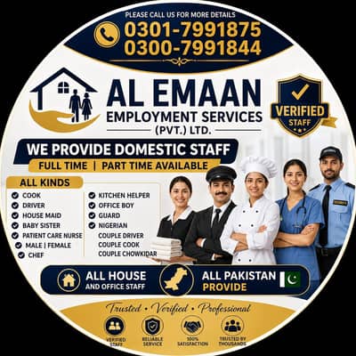 House Maid, Babysitter, Patient Care, Nursing Staff, Drivers, Cook