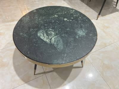 Mid-Century Style Round Green Marble Coffee Table w/ Brass Trim
