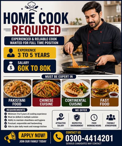 Home Cook Required – Experienced Male Cook Needed