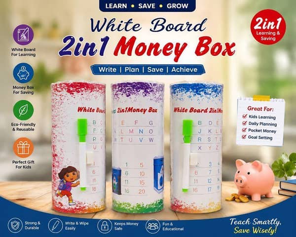 2 in 1 Money Box & White Board for Kids | Educational Savings Bank | Write & Wipe Learning Board