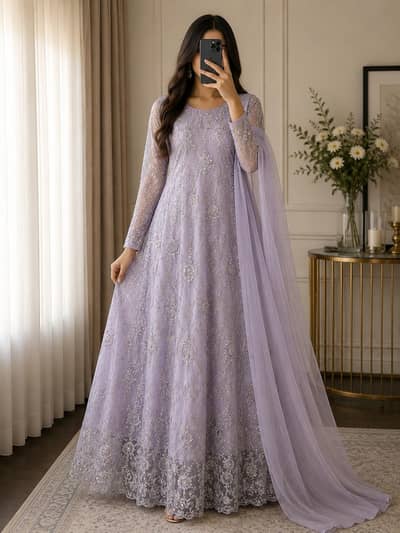 Preloved lilac Net Maxi with matching trouser and dupatta