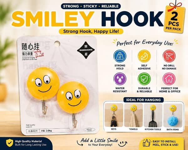 2 Pcs Smile Wall Hooks | Self Adhesive Wall Hooks | Strong & Durable Hooks | No Drill Hanging Hooks