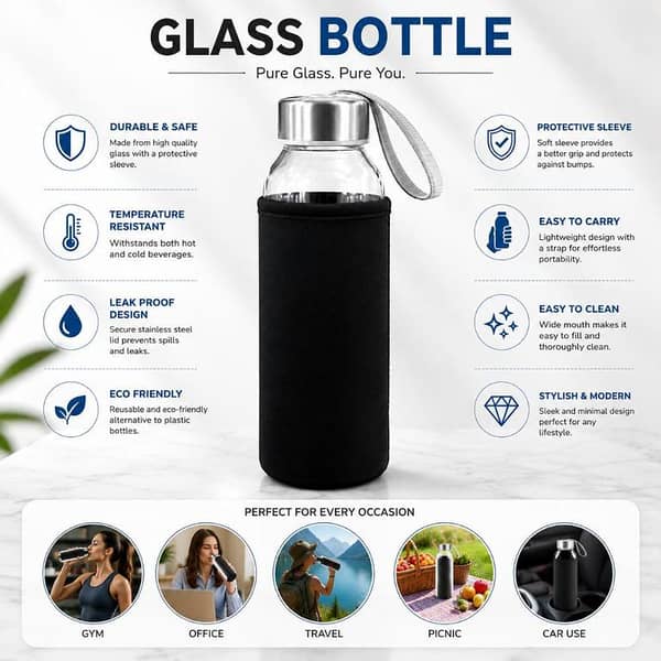 500ML Premium Glass Water Bottle with Protective Sleeve, Stainless Steel Cap and Portable Carry Strap