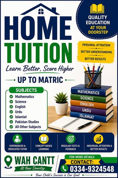 Home Tution in Wah Cantt Up to Matric.