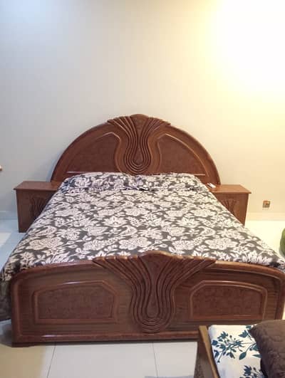Wooden bed with 2 side tables and mattress