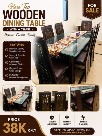 Glass Top Wooden Dining Table Set with 6 Chairs – Premium Condition