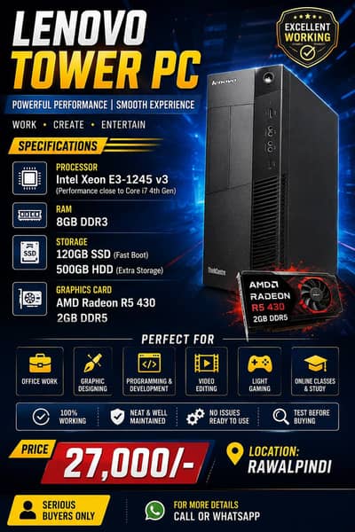 Lenovo Tower PC | Xeon E3-1245 V3 | 8GB RAM | 120GB SSD + 500GB HDD