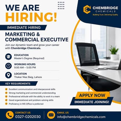 Marketing & Commercial Executive Required | Immediate Hiring | Lahore