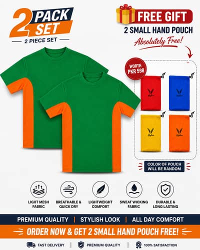 2 Pack Sports T Shirt Set With 2 Free Hand Pouch |Gym T Shirt | Shirt