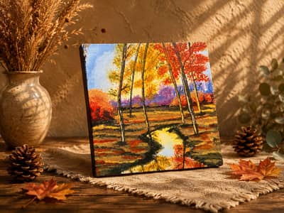 Hand-Painted Autumn Landscape Canvas | Handmade Acrylic Wall Art