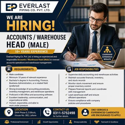 Accounts / Warehouse Head Required (Male) | Jobs | Lahore