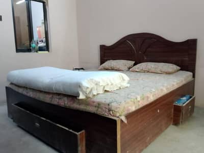 Wooden Double Bed with 2 Side Tables & 3 Storage Drawers