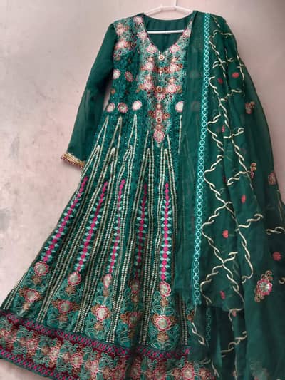 Deep Green Festive Maxi Dress with Multi-Color Zari Embroidery