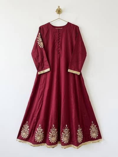 Elegent deep red long Frock with minimal embroidery and designer style