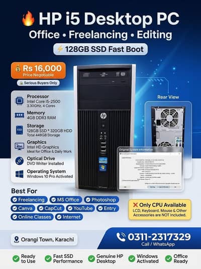 HP i5 PC For Office + Freelancing + Editing - 128SSD Fast