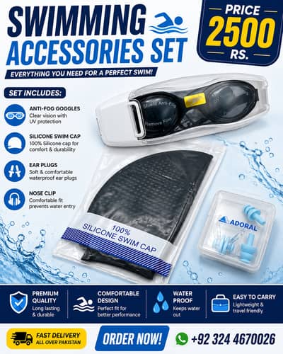 Swimming Accessories Set | Goggles + Silicone Swim Cap + Ear Plugs |