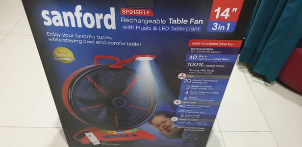Salford Rechargeable Table fan with music and led table light. . .