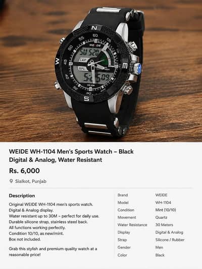 WEIDE WH-1104 Original Men's  Analog & Digital Sports Watch Black