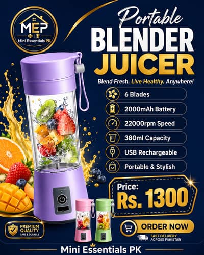 Portable Rechargeable Blender Juicer – 6 Blades, 380ml